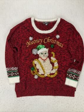 Meowy Christmas 3D Christmas Cat Sweater Crewneck Poms Metallic Appliqué Size XL